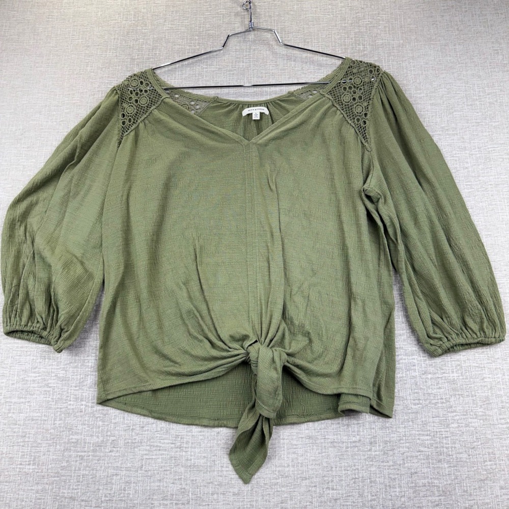 Max Studio Olive Green Crochet Lace Shoulder Tie Front Blouse Large